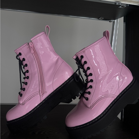 Glossy Pink Combat Boots - Picture 1 of 8